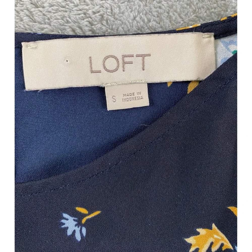 Loft Womens Navy Blue Floral Puff Sleeve Keyhole Back Blouse Top Size S